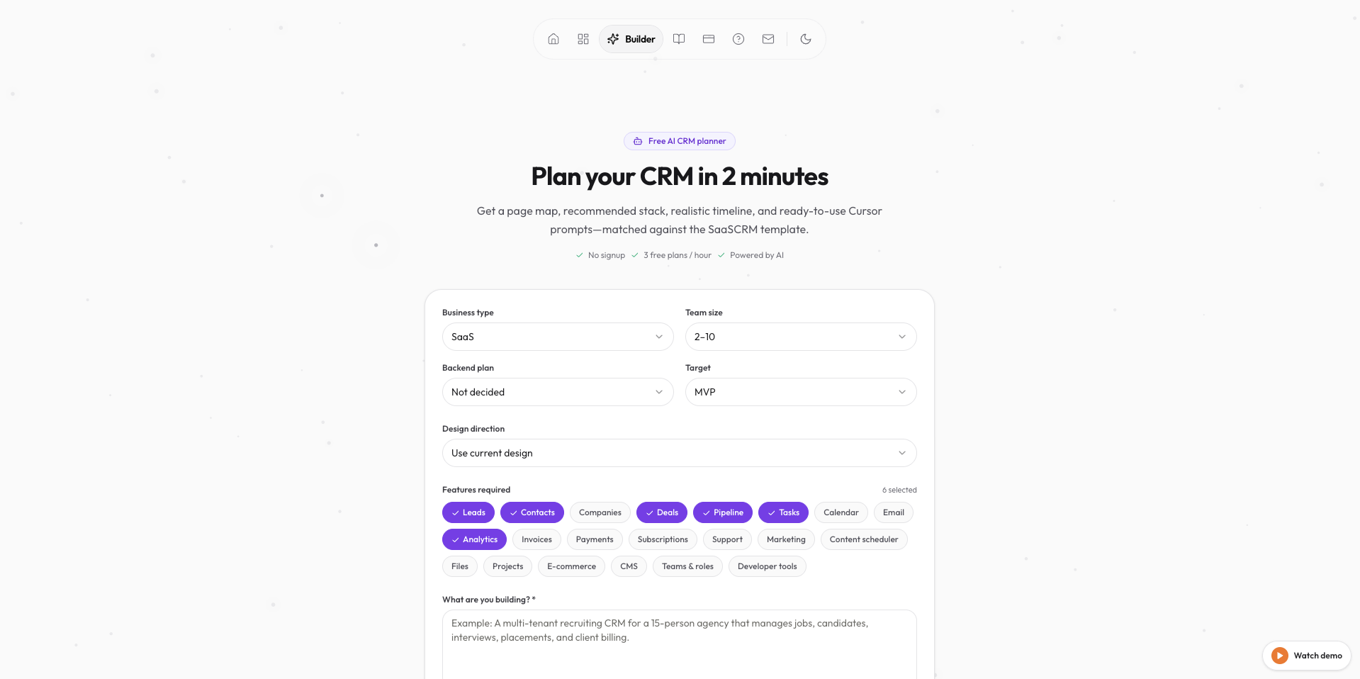 SaaSCRM AI Builder — plan your CRM in 2 minutes